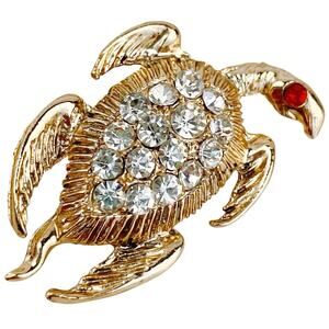 VTG Mid Century Turtle Brooch Gold Tone Red Rhinestones Eye Animal Jewelry